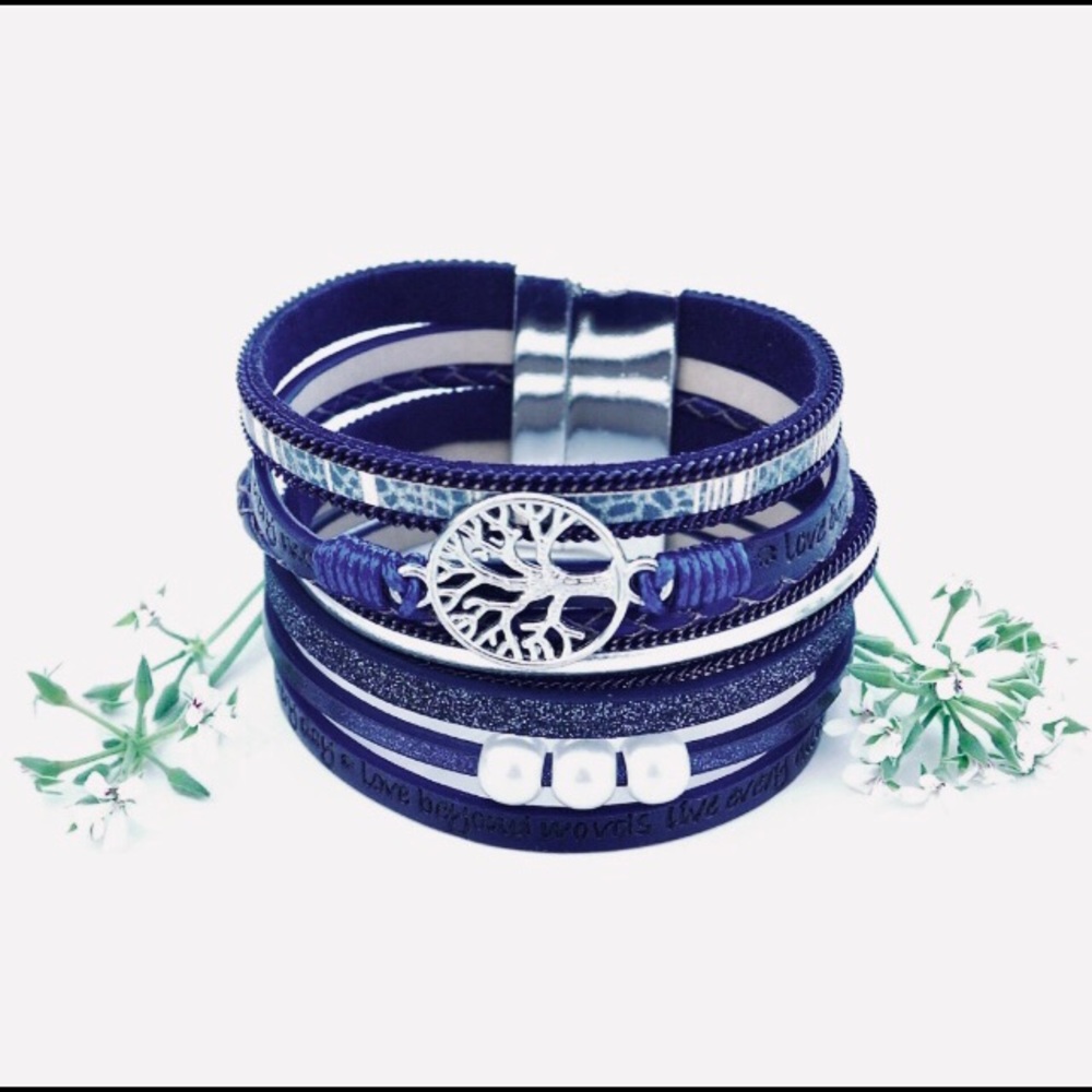 Cobalt Blue Leather Tree of Life Bangle - Picture 1 of 3